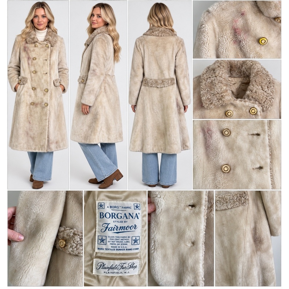 Fairmoor M Borgana Faux Fur Coat Vintage Penny Lane 60s 70s Boho Cream Glam